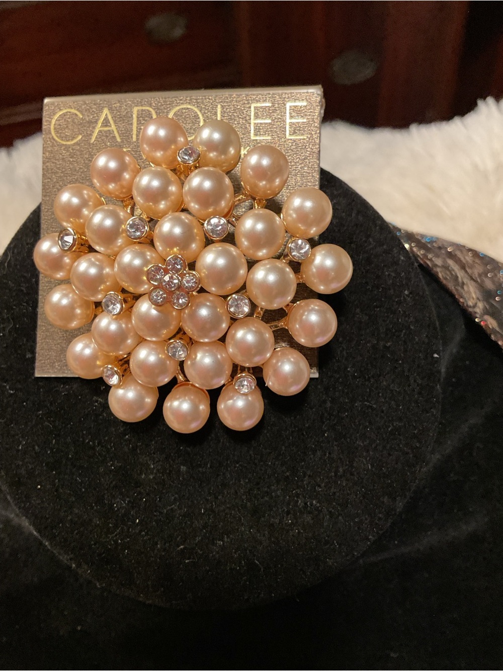 Carolee Champagne Pearl Cluster Brooch with Crystal Accents